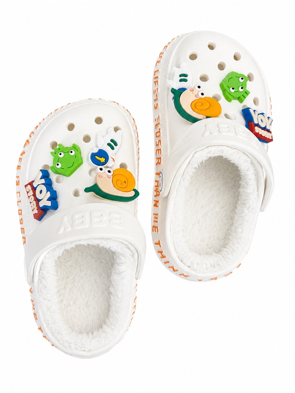 CROCS Kids White Fleece-Lined Clogs with Colorful Charms